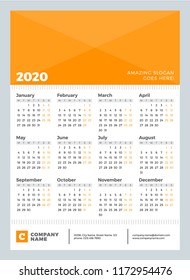 Calendar for 2020 year. Week starts on Monday. Vector design calendar template for poster, flayer, card