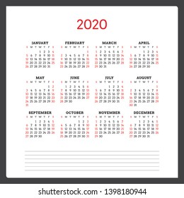 Calendar for 2020 year. Week starts on Sunday. Printable vector stationery design template
