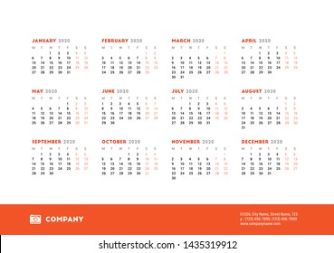 Calendar for 2020 year. Week starts on Monday. Printable vector stationery design template