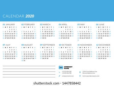 Calendar for 2020 year. Week starts on Sunday. Printable vector stationery design template