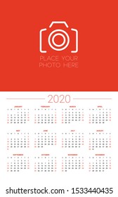 Calendar for 2020 year. Week starts on Sunday. Printable vector stationery design template