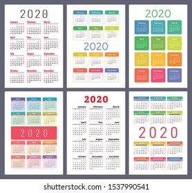 Calendar 2020 year. Week starts on Sunday. Vector template collection. Colorful English pocket calender set