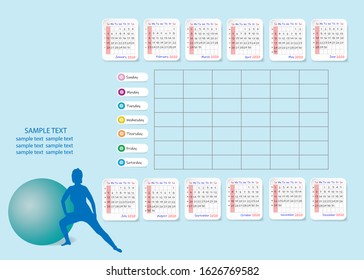 Calendar for 2020 year with weekly planner in the centre of the vector. Calendar can be use as fitness or exercise activity planner and so on. Week starts Sunday.