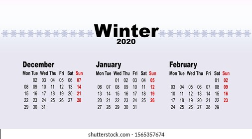 Calendar for 2020 year. Winter background, seasonal card. January, February, December. Vector illustration