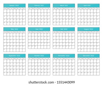 Calendar 2020 year.Week starts on Sunday.