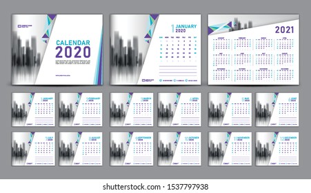 Calendar 2020-2021 modern creative design, Set Desk Calendar 2020 template vector, cover design, Set of 12 Months, Week starts Sunday, Stationery, planner, printing, advertisement