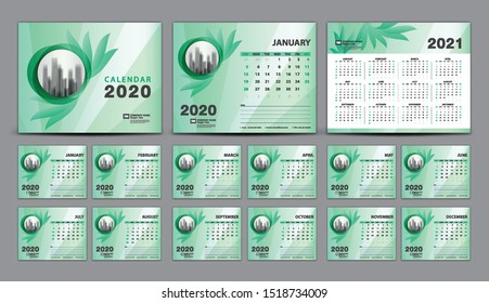 Calendar 2020-2021, Set Desk Calendar 2020 template vector, cover design, Set of 12 Months, Week starts Sunday, Stationery, planner, printing, beauty concept, Green flower background, creative idea