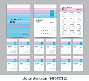 Calendar 2020-2021 template vector, Desk Calendar 2020 design, Wall calendar 2020-2021 template, Blue cover design, Set of 12 Months, Week starts Sunday, poster,flyer, planner, printing media