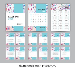Calendar 2020-2021 template vector, Desk Calendar 2020 design, Wall calendar 2020-2021 template, Blue cover design, Set of 12 Months, Week starts Sunday, poster,flyer, planner, printing media