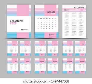 Calendar 2020-2021 template vector, Desk Calendar 2020 design, Wall calendar 2020-2021 template, Blue cover design, Set of 12 Months, Week starts Sunday, poster,flyer, planner, printing media