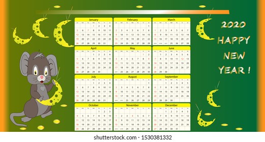 calendar 2020.Background vector illustration of year symbol mouse and lots of cheese.Vector illustration.eps10