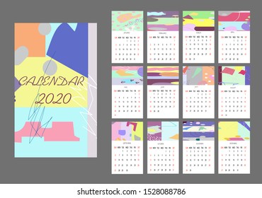 Calendar 2020.Printable creative template with abstract elements.Vector