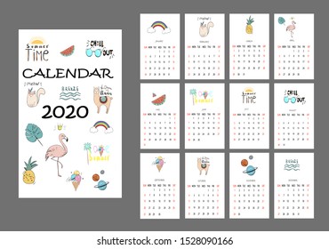 Calendar 2020.Printable creative template with flamingo,cat,llama.Vector