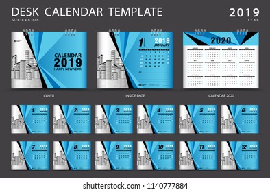 Calendar 2021, 2020 template, Desk calendar 2019 template, Set of 12 Months, Planner,  Week starts on Sunday, Stationery design, advertisement, Vector layout, Blue  cover design