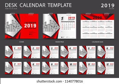 Calendar 2021, 2020 template, Desk calendar 2019 template, Set of 12 Months, Planner,  Week starts on Sunday, Stationery design, advertisement, Vector layout, Red  cover design