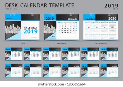 Calendar 2021, 2020 template, Desk calendar 2019 template, Set of 12 Months, Planner, Week starts on Sunday, Stationery design, advertisement, Vector layout, blue cover design, business brochure flyer