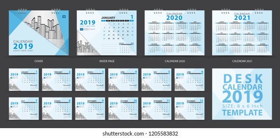 Calendar 2021, 2020 template, Desk calendar 2019 template, Set of 12 Months, Planner, Week starts on Sunday, Stationery design, advertisement, Vector layout, blue cover design, business brochure flyer