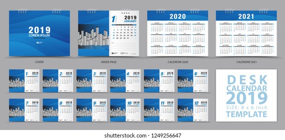 Calendar 2021, 2020 template, Desk calendar 2020 template, Set of 12 Months, Planner, Week starts on Sunday, Stationery design, advertisement, Vector layout, Blue cover design, brochure flyer