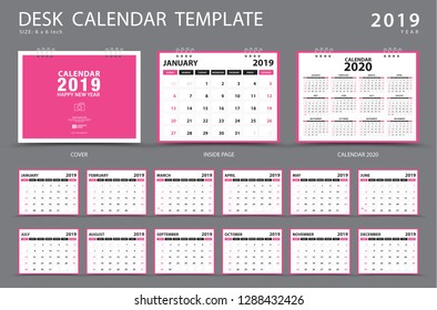 Calendar 2021, 2020 template, Desk calendar 2019 template, Set of 12 Months, Planner, Week starts on Sunday, Stationery design, advertisement, pink cover Vector