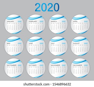Calendar 2021, Calendar 2020 template on circle frame, Wall calendar,  Week Starts on Sunday, Set of 12 Months, planner template, advertisement, vector illustration
