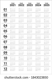 Calendar 2021 2022 2023 2024 2025 vector design template, simple and clean design