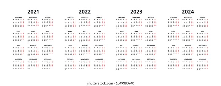 Calendar 2021, 2022, 2023, 2024 years, black letters on white background, sundays marked red, years side by side