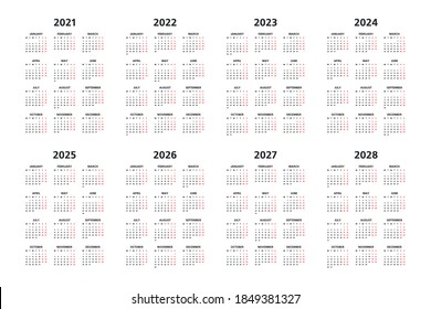 Calendar 2021, 2022, 2023, 2024, 2025, 2026, 2027, 2028 years, black letters on white background, sundays marked red, years side by side
