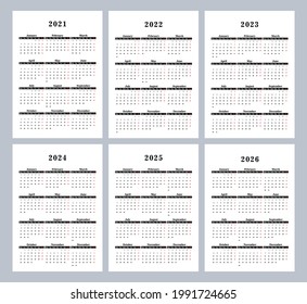 calendar 2021, 2022, 2023, 2024, 2025, 2026, week starts on Monday, basic business template. vector illustration