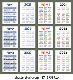 Calendar 2021, 2022 and 2023. English color vector set. Vertical wall or pocket calender template. Golorful big design collection. New year. Week starts on Sunday