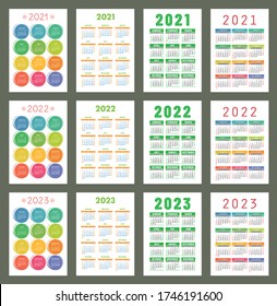 Calendar 2021, 2022 and 2023. English color vector set. Vertical wall or pocket calender template. Golorful big design collection. New year. Week starts on Sunday