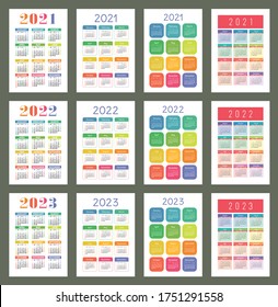 Calendario 2021, 2022 y 2023. Conjunto de vector de color inglés. Planilla vertical de pared o calénder de bolsillo. Colección de diseño grande. Año nuevo. La semana empieza el domingo