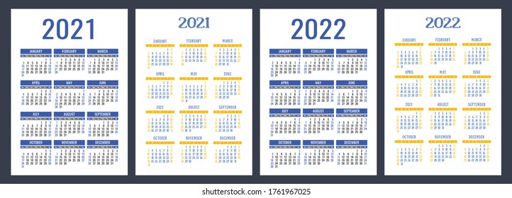 Calendar 2021 and 2022. English color vector set. Vertical wall or pocket calender template. Design collection. New year. Week starts on Sunday