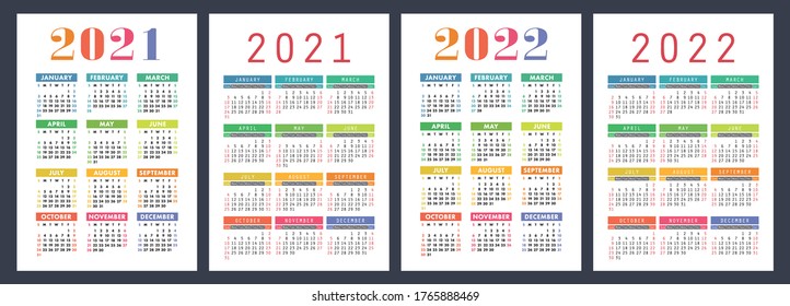 Kalender 2021 und 2022. Englischer Farbvektorsatz. Vertikale Wand- oder Taschenkalender-Vorlage. Design-Kollektion. Neues Jahr. Die Woche beginnt am Sonntag