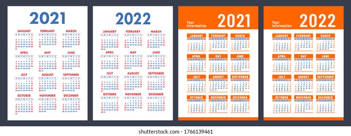 Calendar 2021 and 2022. English color vector set. Vertical wall or pocket calender template. Design collection. New year. Week starts on Sunday