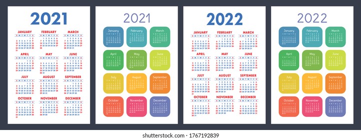 Calendar 2021 and 2022. English color vector set. Vertical wall or pocket calender template. Design collection. New year. Week starts on Sunday