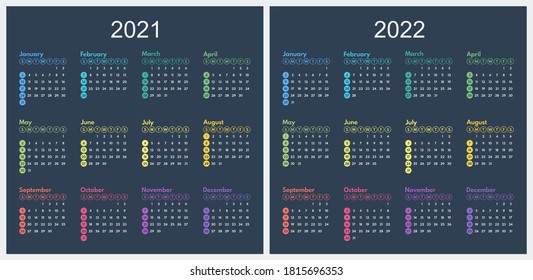 Kalender 2021 2022 minimalistisches volljähriges buntes Gitter, beginnt Sonntag