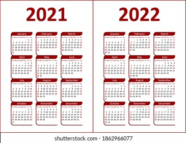 Calendar for 2021, 2022. Red and black letters and figures on a white background. Week starts on Sunday. 