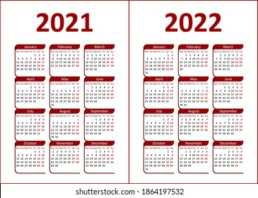 Calendar for 2021, 2022. Red and black letters and figures on a white background. Week starts on Monday. 
