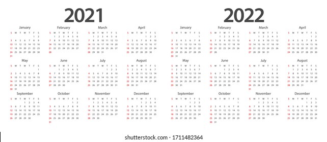 2021 Calendar 2022 Calendar 2021 Calendar 2022 Week Start Stock Vector (Royalty Free)  1711482364