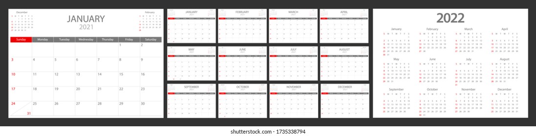 Calendar 2021, calendar 2022 week start Sunday corporate design planner template.