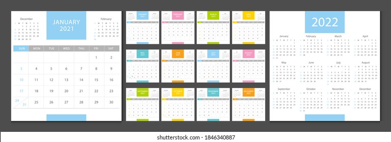 Calendar 2021, calendar 2022 week start Sunday corporate design template vector.