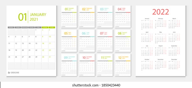 Календарь 2021, календарь 2022 неделя начинается понедельник шаблон корпоративного дизайна вектор.