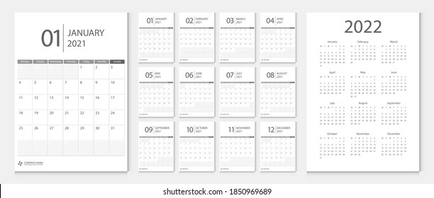 Calendario 2021, calendario 2022 semana de inicio lunes planeamiento de plantilla de diseño corporativo vector.