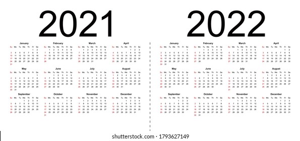 Calendar 2021, 2022. Week starts from Sunday, business template. Isolated vector illustration on white background.