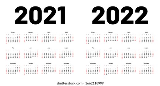 Calendar for 2021 and 2022 year in clean minimal style. Week Starts on Sunday.