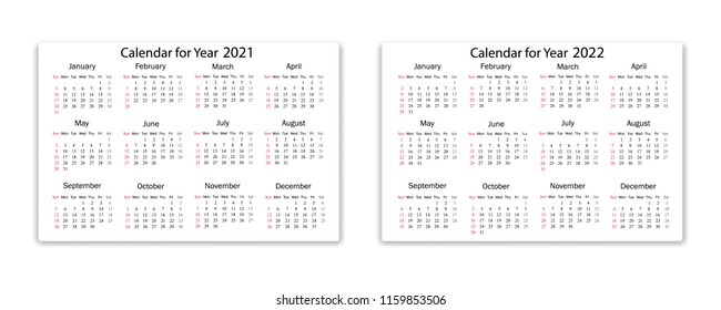 Calendar 2021 and 2022 year in simple style on white background. Week starts from Sunday. Vector illustration.