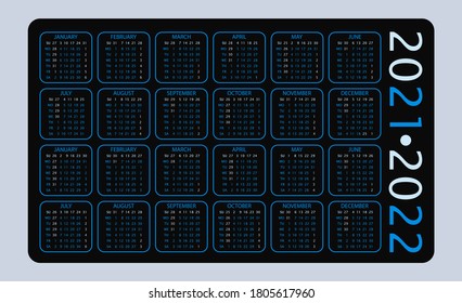 Calendar for 2021 and 2022 years. Week Starts on Sunday. In dark colors. 