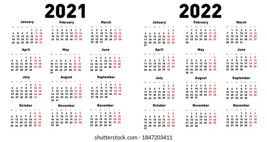 Calendar 2021, 2022.English language.Isolated on white background.Regular font. Vector illustration.