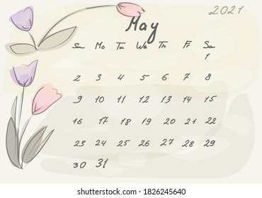 Calendar 2021. Abstact and botanical. Watercolor style. Sunday starts
Handwritten numbers and letters.
