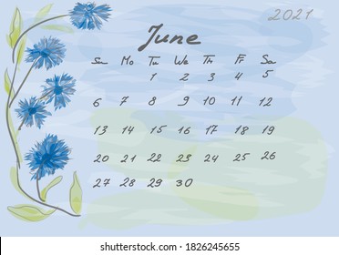 Calendar 2021. Abstact and botanical. Watercolor style. Sunday starts
Handwritten numbers and letters.